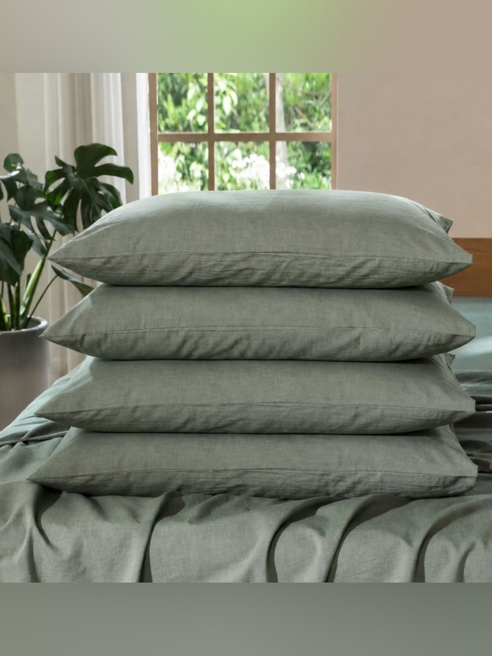 100% Washed Cotton Pillowcases STANDARD (4-Pack) HEATHERED GREEN